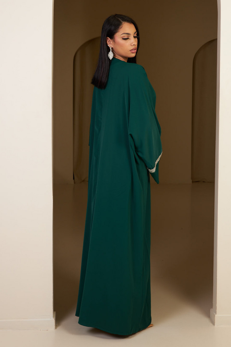 Ensemble 3 pièces abaya + gilet + voile à perles vert foncé