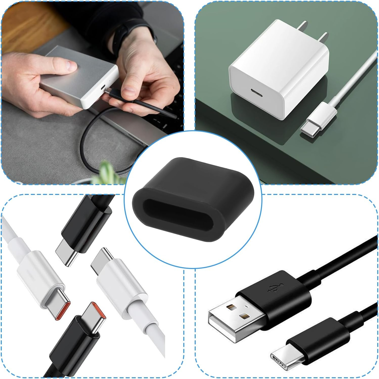 (10er Set) USB C Anti Staub Silikon Schutzstecker Anschlusskappen für Ladekabel - Schwarz