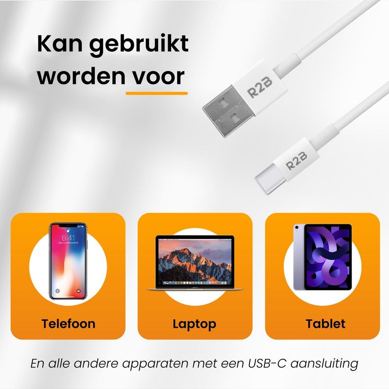 R2B USB-A naar USB-C Kabel - 1 Meter - Snelladen - Stevig & Betrouwbaar - Wit