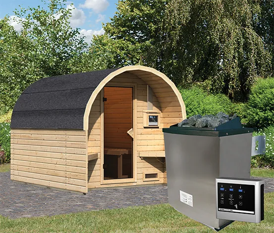 Karibu Fasshaus »Orkla«, naturfarben, inkl. 9 kW-Ofen mit externer Steuerung