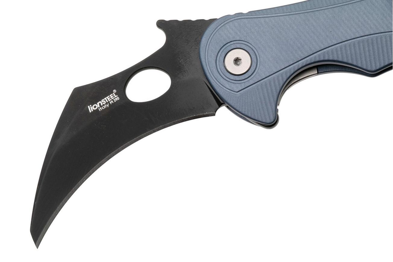 LionSteel L.E.One Mid LE2-IB, Old Black M390, Ice Blue Aluminum, karambit zakmes