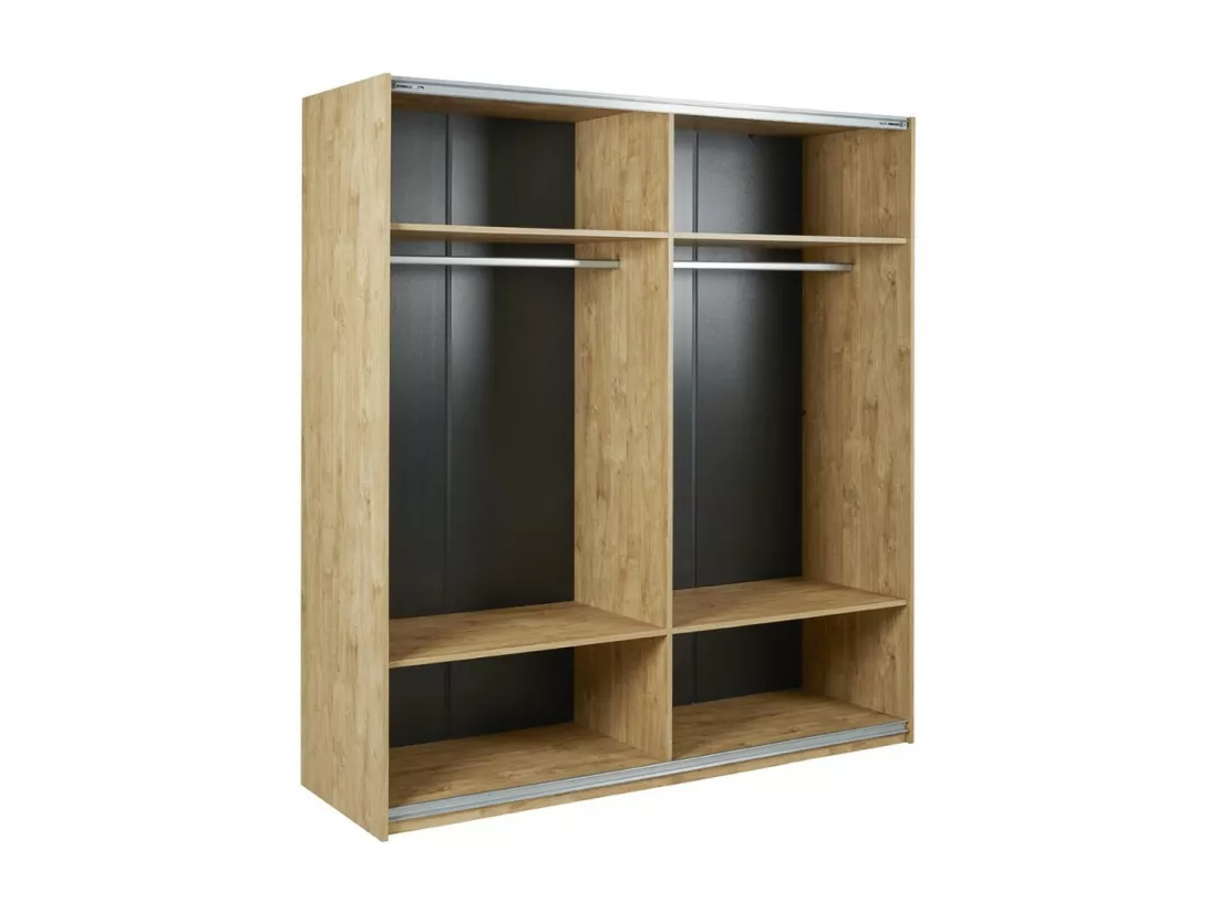Chambre à coucher collection MORGANE : armoire 200 cm, lit avec applique 140x200, commode, chevets, chêne doré et noir