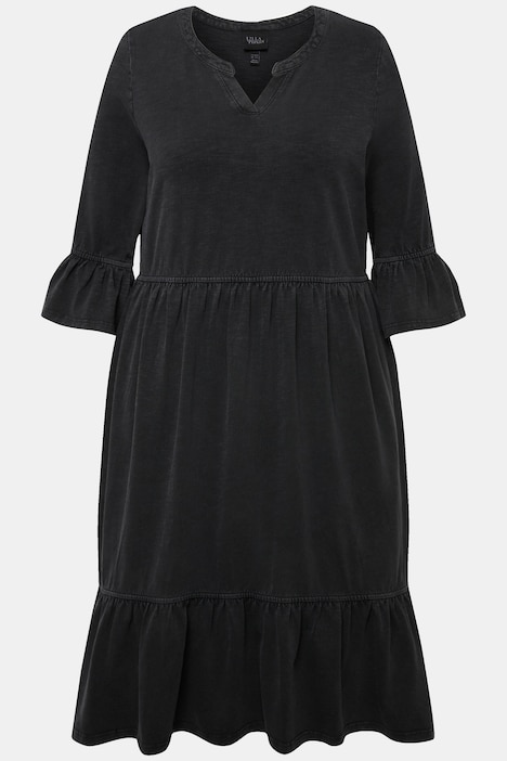 Jerseykleid, Volants, A-Linie, Tunika-Ausschnitt, 3/4-Arm