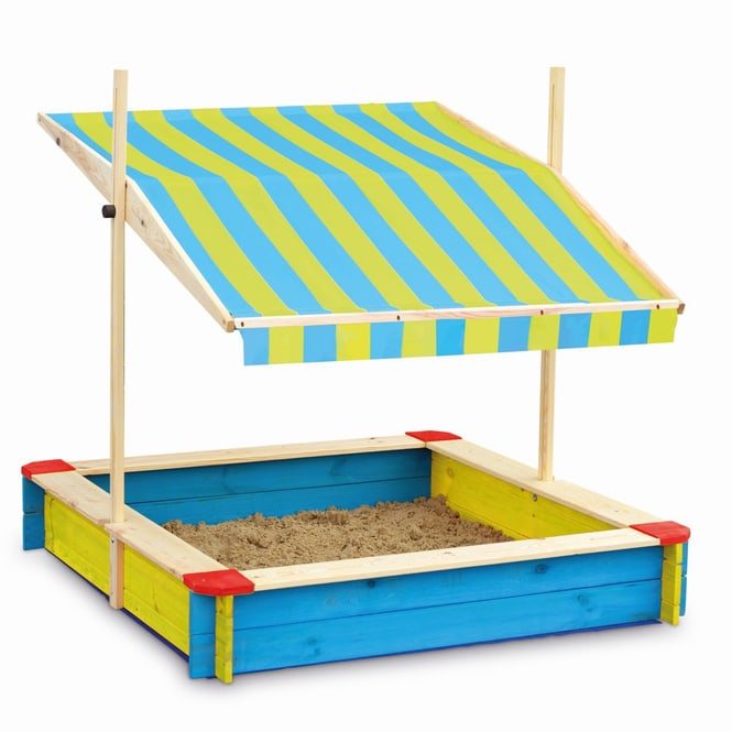 Sandkasten aus Holz - mit Dach - blau/gelb