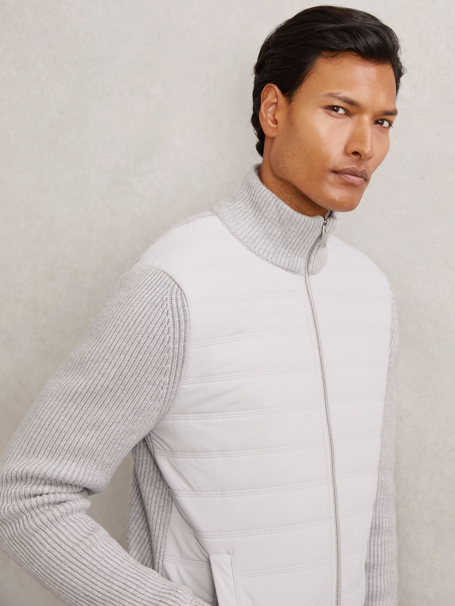 Zachtgrijs - Reiss Townsend Quilted Rib-Knit Funnel-Neck Jacket