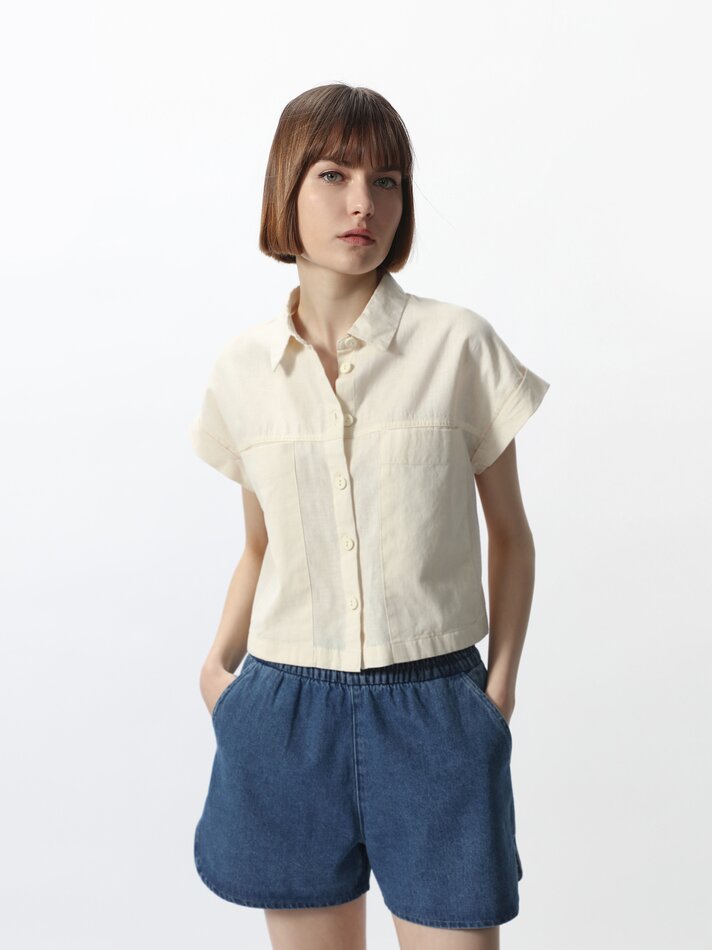 Camisa cropped de linho - Natural