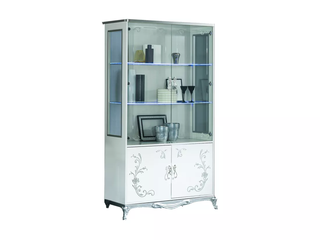 Vitrine à LED 4 portes bois laqué blanc et argent Dannie