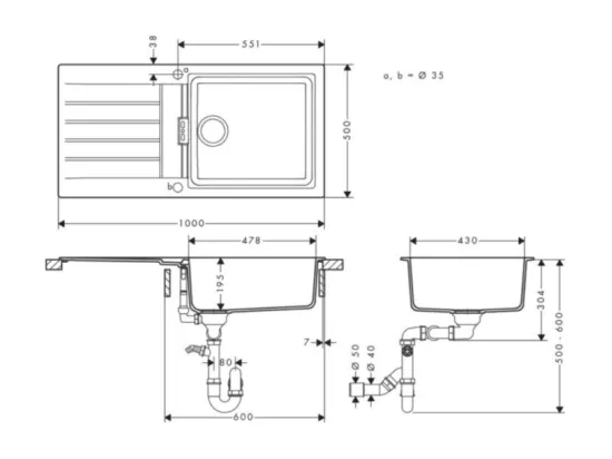Evier 1 cuve avec égouttoir 980 HANSGROHE S52 synthèse noir
