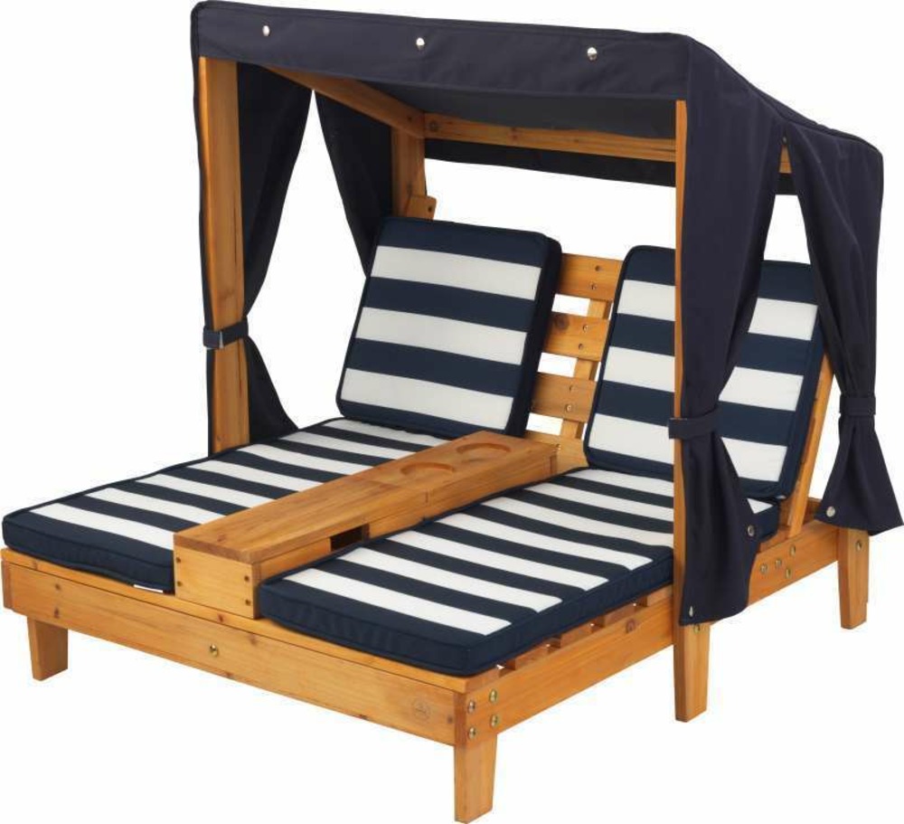Double chaise longue avec porte-gobelets - miel et bleu marine