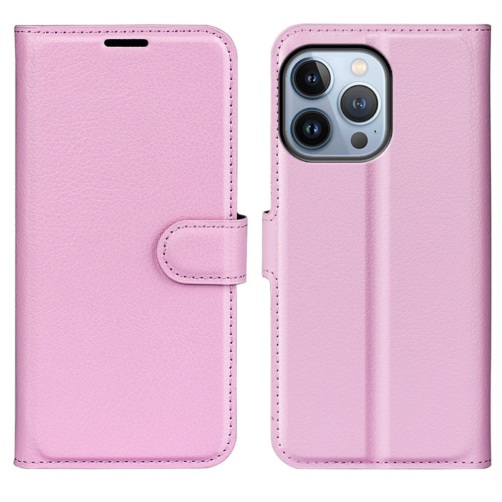 iPhone 14 Pro Leder Tasche Flip Cover Litchi Look - Rosa