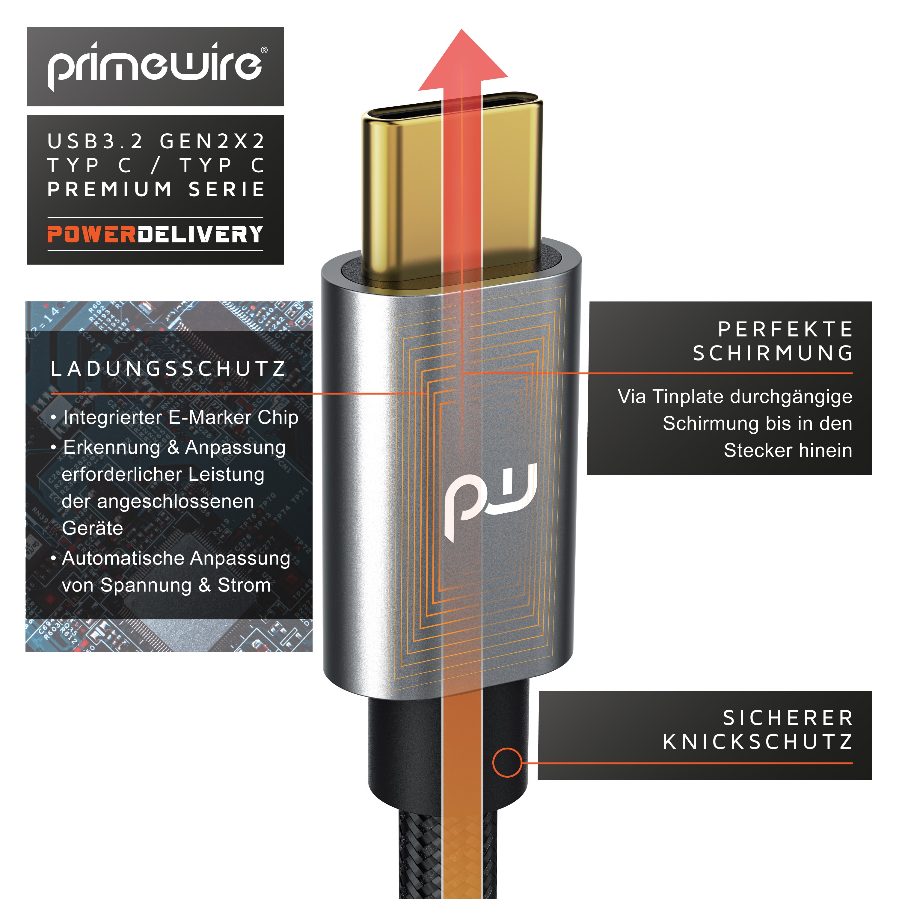 Primewire 1m USB C 3.2 Kabel Gen 2x2-100W PowerDelivery Ladekabel - Datenkabel 20 Gbit/s - Schnellladekabel - USB 3.2 Gen2x2 - Nylonummantelung - 1m
