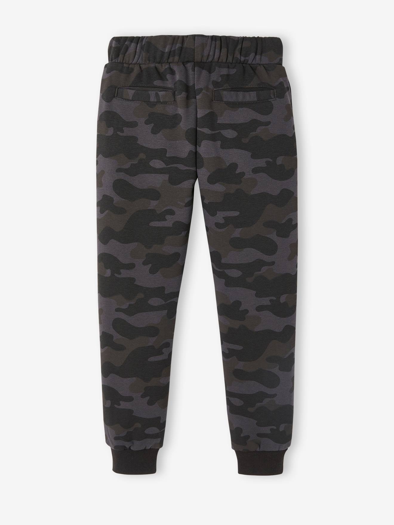 Calças de moletom pretas estampadas e camufladas para meninos