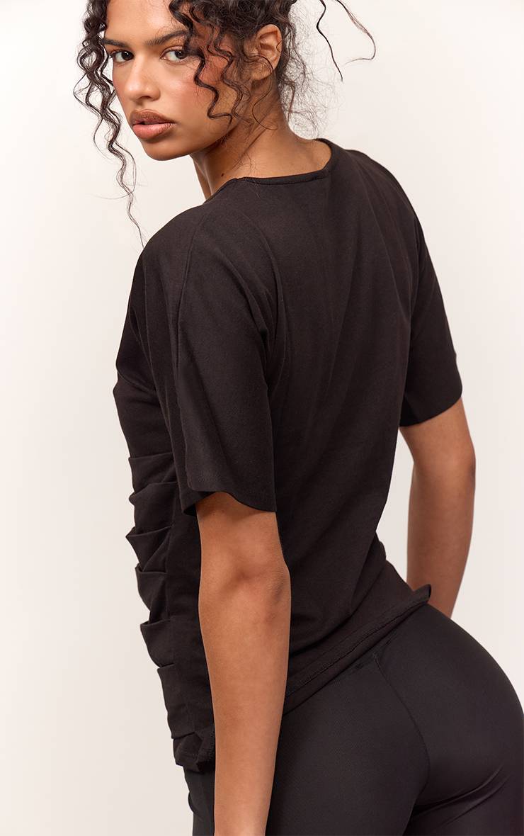 Noir T-shirt À Manches Courtes Avec Panneau Froncé À La Taille En Coton