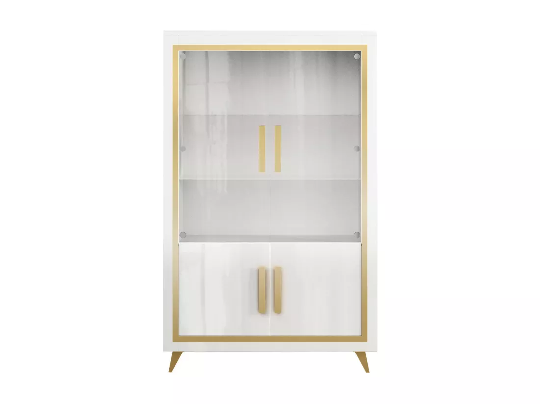 JEMMA - Vitrine 2 Portes Laquée Blanc et Décor Doré avec Leds