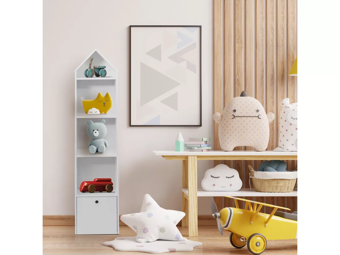Etagere etroite pour enfants 4 Etageres 1 Tiroir en Bois blanc