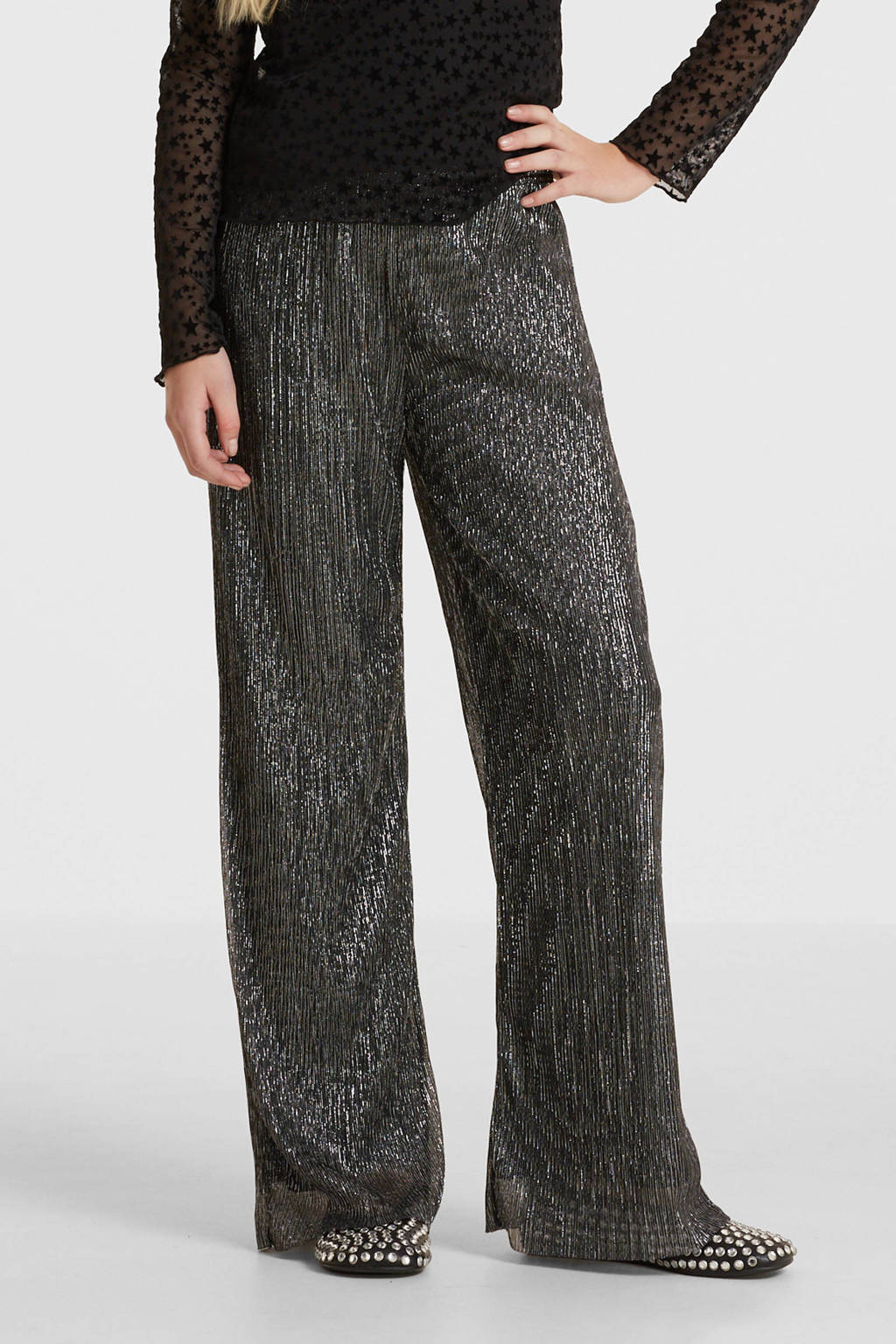 anytime plisse wide leg broek zwart/zilver