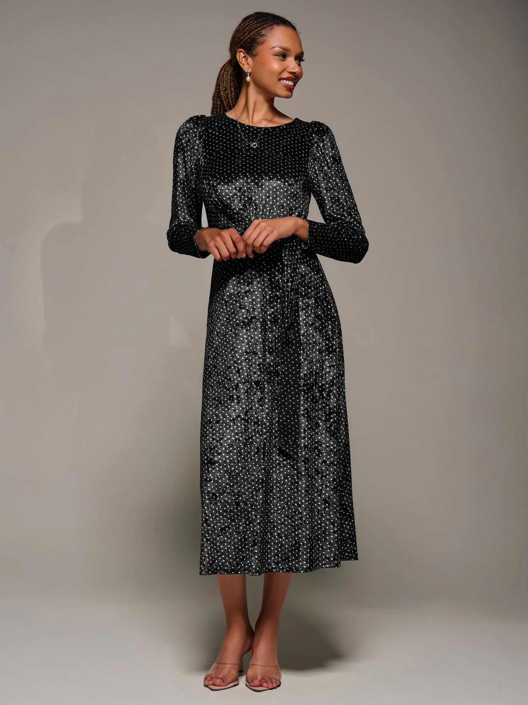 Jolie Moi Long Sleeve Velvet Tie Detail Midi Dress