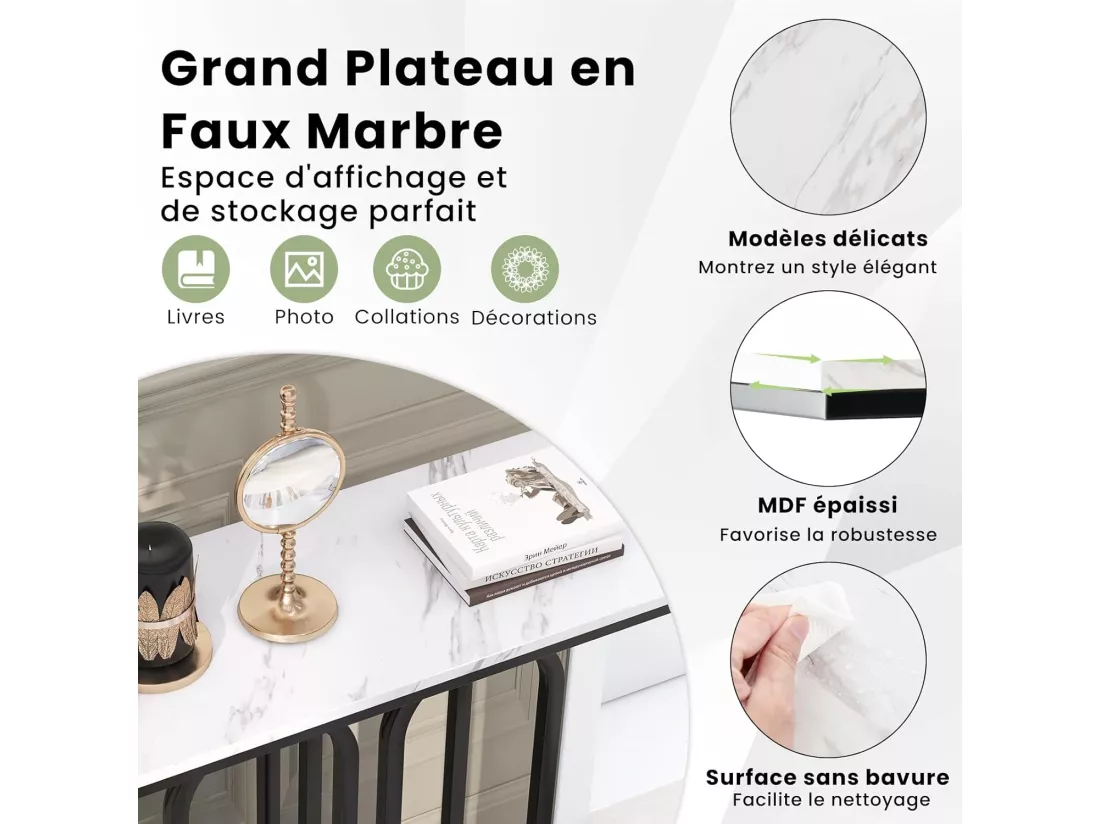 Table console, en faux marbre, design ovale moderne, cadre en métal noir 100 x 30 x 80 cm