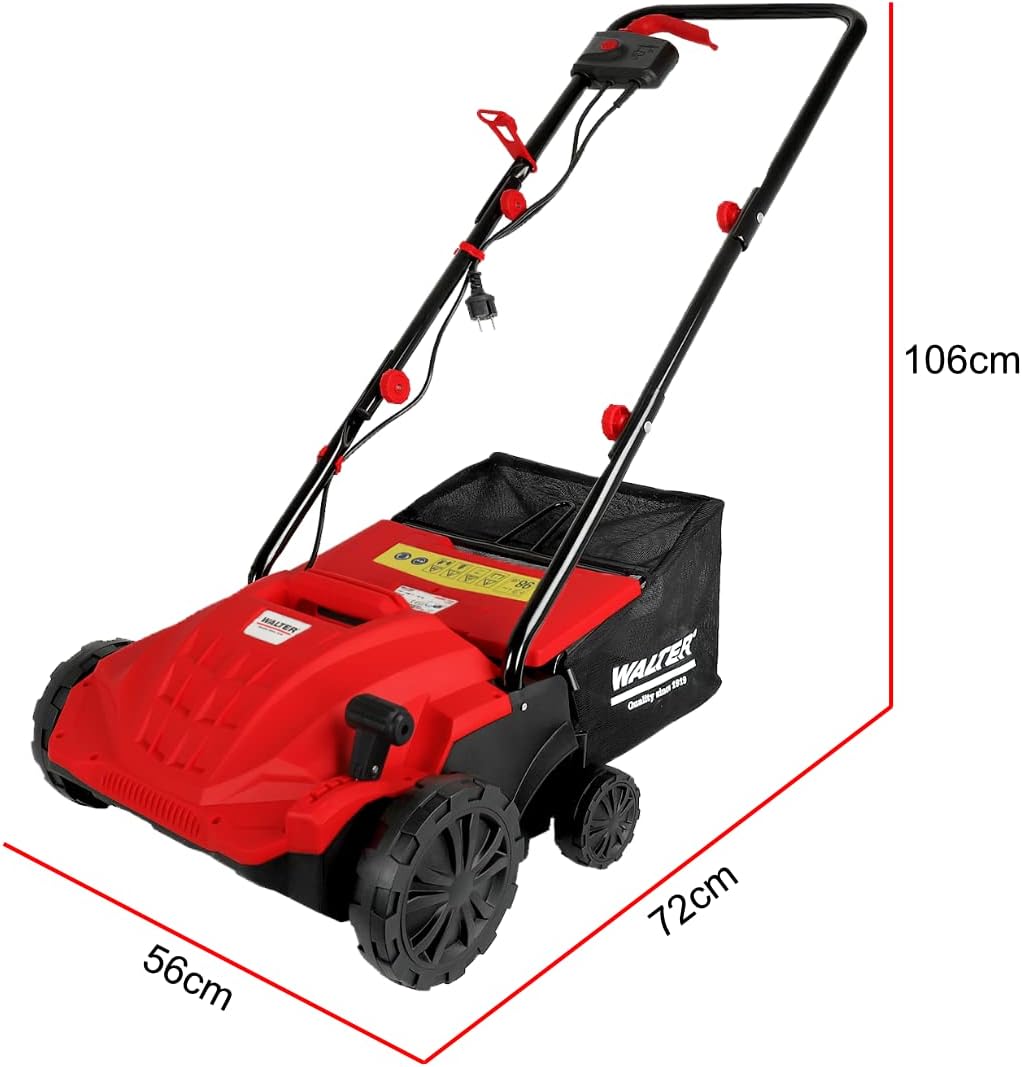 WALTER 2 in 1 Elektro Vertikutierer und Rasenlüfter 1500 W, Arbeitsbreite 320 mm, 4- stufige Höhenverstellung, großer Fangkorb, ideal für Flächen bis zu 400 m², inkl. Beutel mit Montagematerial