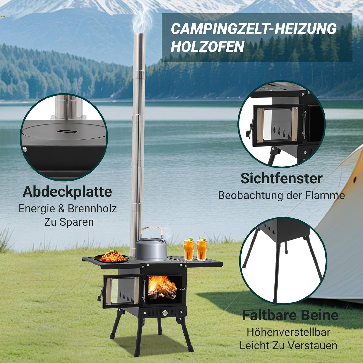 Camping Holzofen, Faltbarer Zelt Holz Brennofen, Tragbarer Heißer Zeltofen mit Rohr und Handschuhen, Zeltheizung Campingofen für Outdoor Heizung & Kochen, Eisfischen, Schwarz