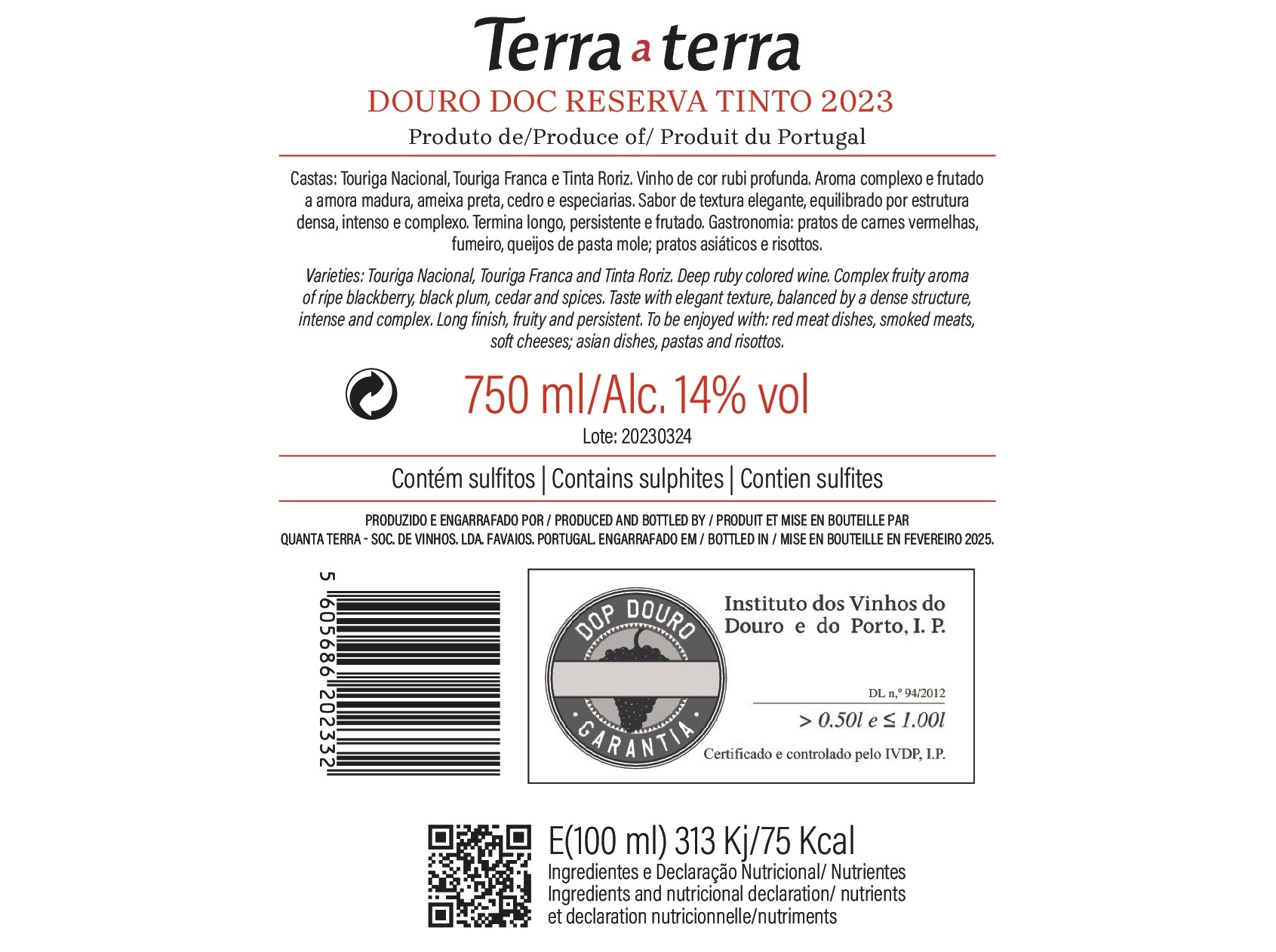 VINHO TINTO TERRA A TERRA RESERVA DOURO 0.75L