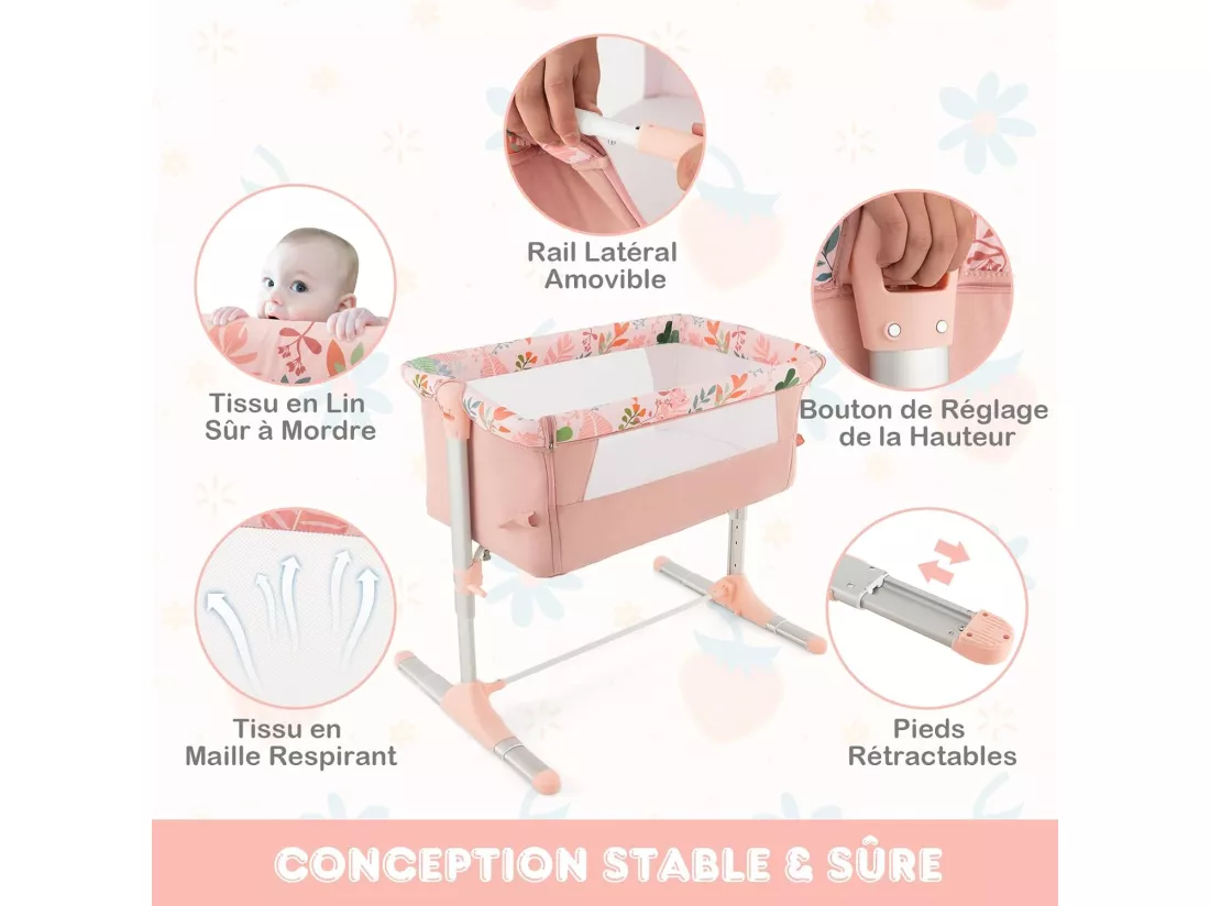 Lit Cododo Bébé 3 en 1 avec Hauteur Réglable 5 Niveaux, Lit Berceau Inclinaison de 10° avec Matelas Confortable,Maille Respirante,Charge 9KG,Sac de Voyage pour Bébé 0-5 Mois (Rose)