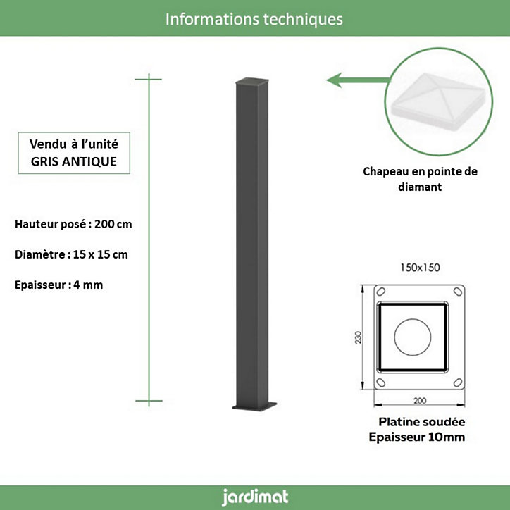 Poteau Jardimat aluminium gris antique - 15 x 15 x 200 cm
