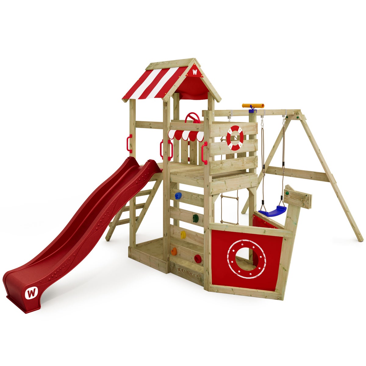 WICKEY SeaFlyer speeltoren klimtoestel met schommel en glijbaan, boomhut met zandbak, klimladder en speeltoebehoren - rood