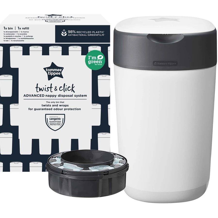 Tommee Tippee Twist & Click Advanced Windeleimer, inkl. 19 Kassetten mit nachhaltig gewonnenem, antibakteriellem Greenfilm in weiß