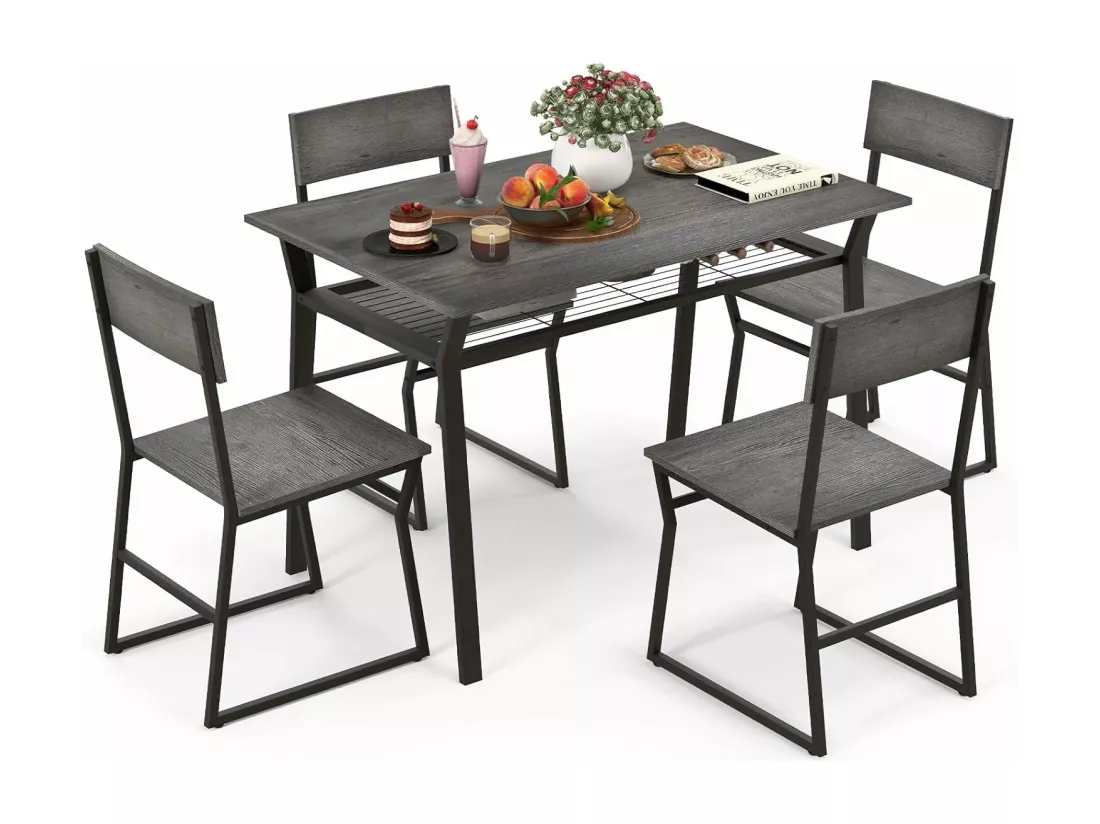 Table à Manger avec 4 Chaises, Cadre en Métal Noir, Table de Cuisine avec Étagère Rectangulaire avec 4 Chaises, 110x70 cm (Gris)