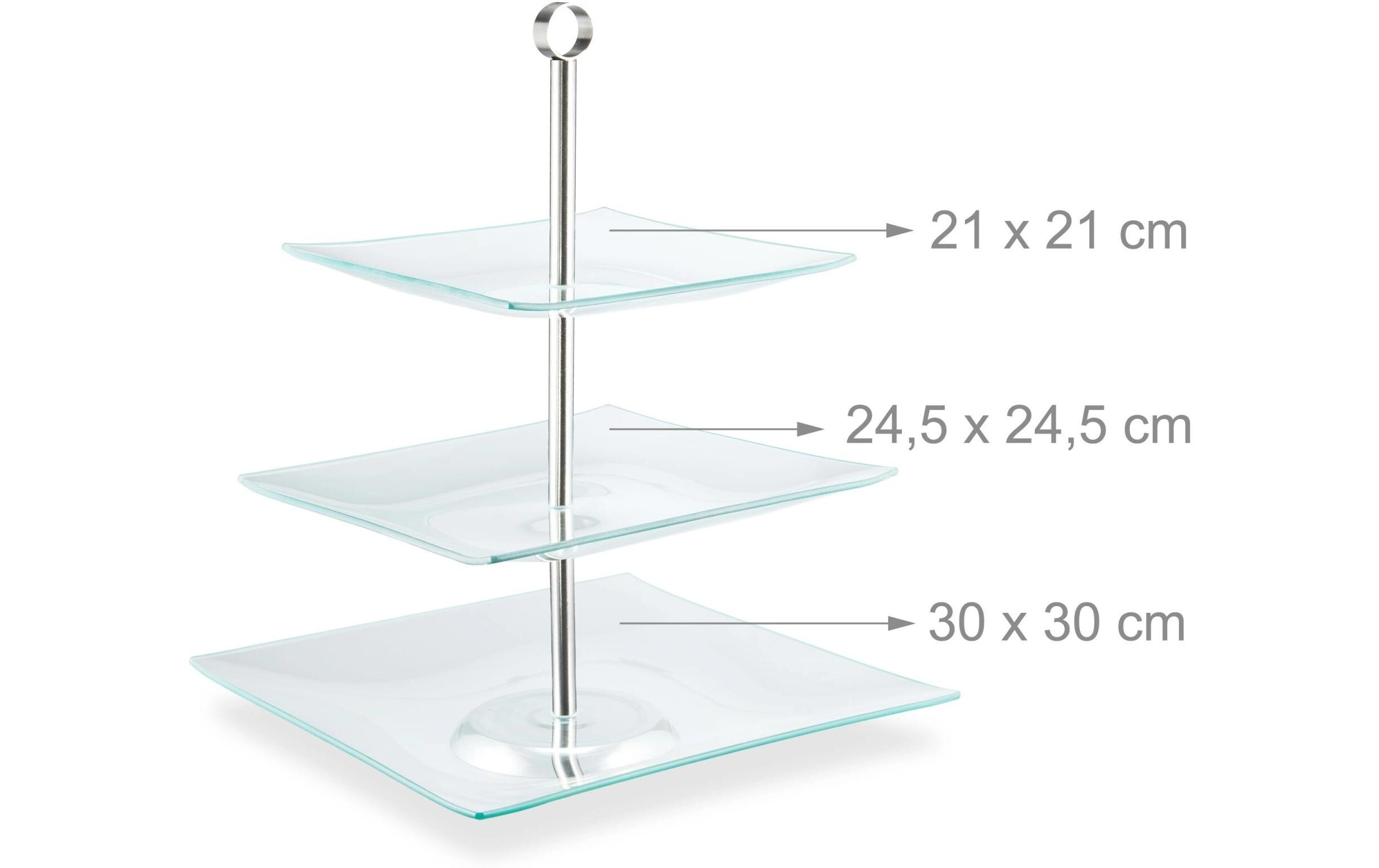 Etagere eckig, 3-stufig, Silber/TransparentServierständer aus Glas und Edelstahl