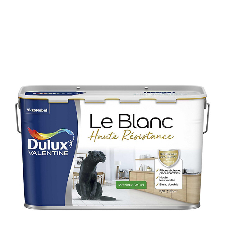 Peinture murale le Blanc Dulux Valentine haute résistance satin blanc 2,5L