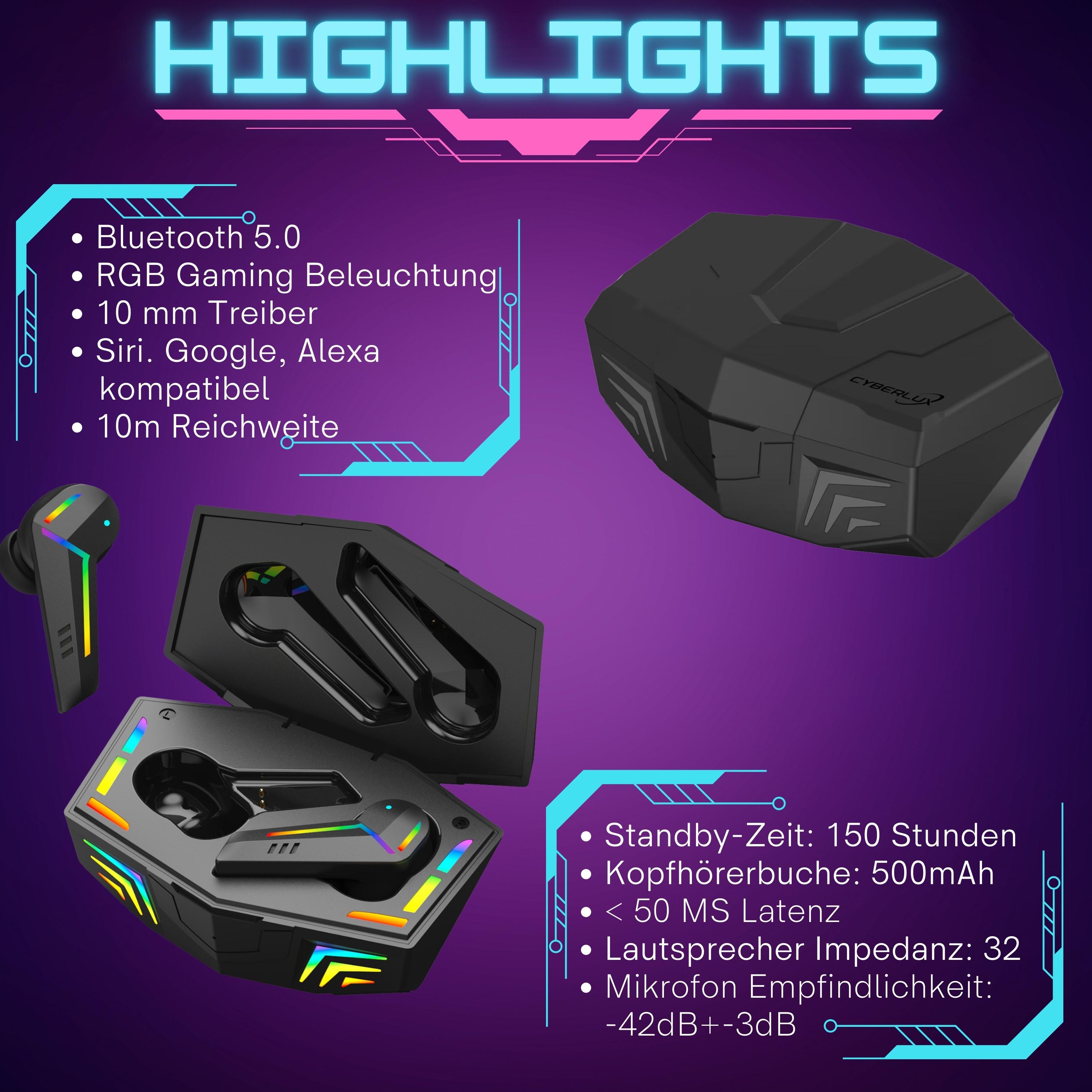 Cyberlux In Ear RGB Bluetooth Gaming Kopfhörer 150h Akkulaufzeit