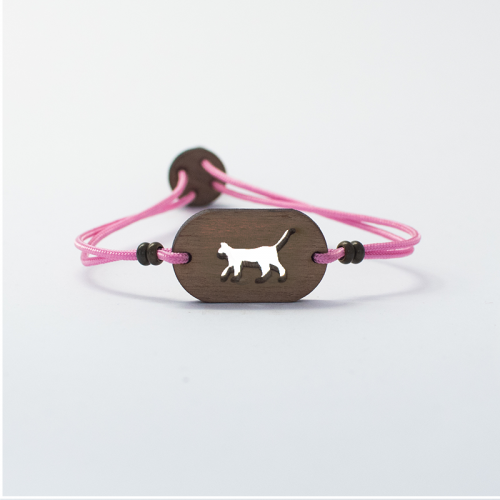 Pulseira de madeira personalizável com gatinho rosa