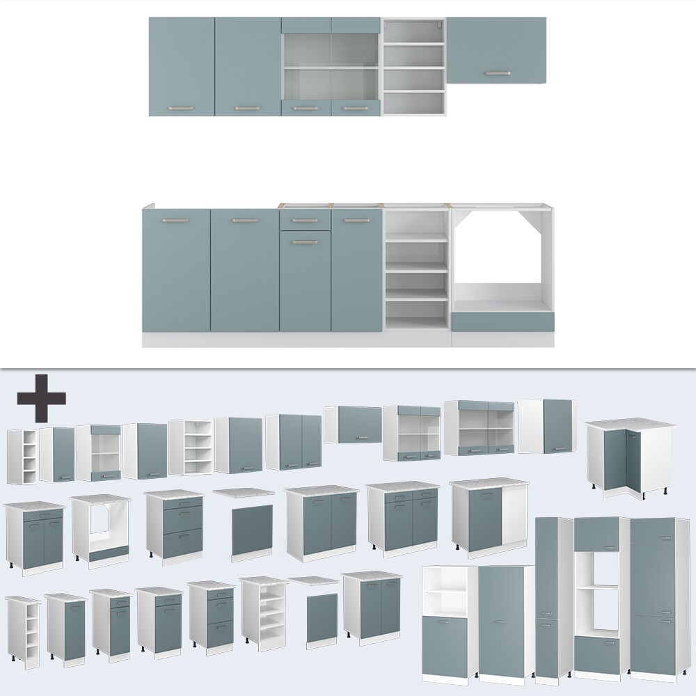 Vicco Küchenzeile R-Line Solid Weiß Blau Grau 240 cm Arbeitsplatte modern Küchenschränke Küchenmöbel