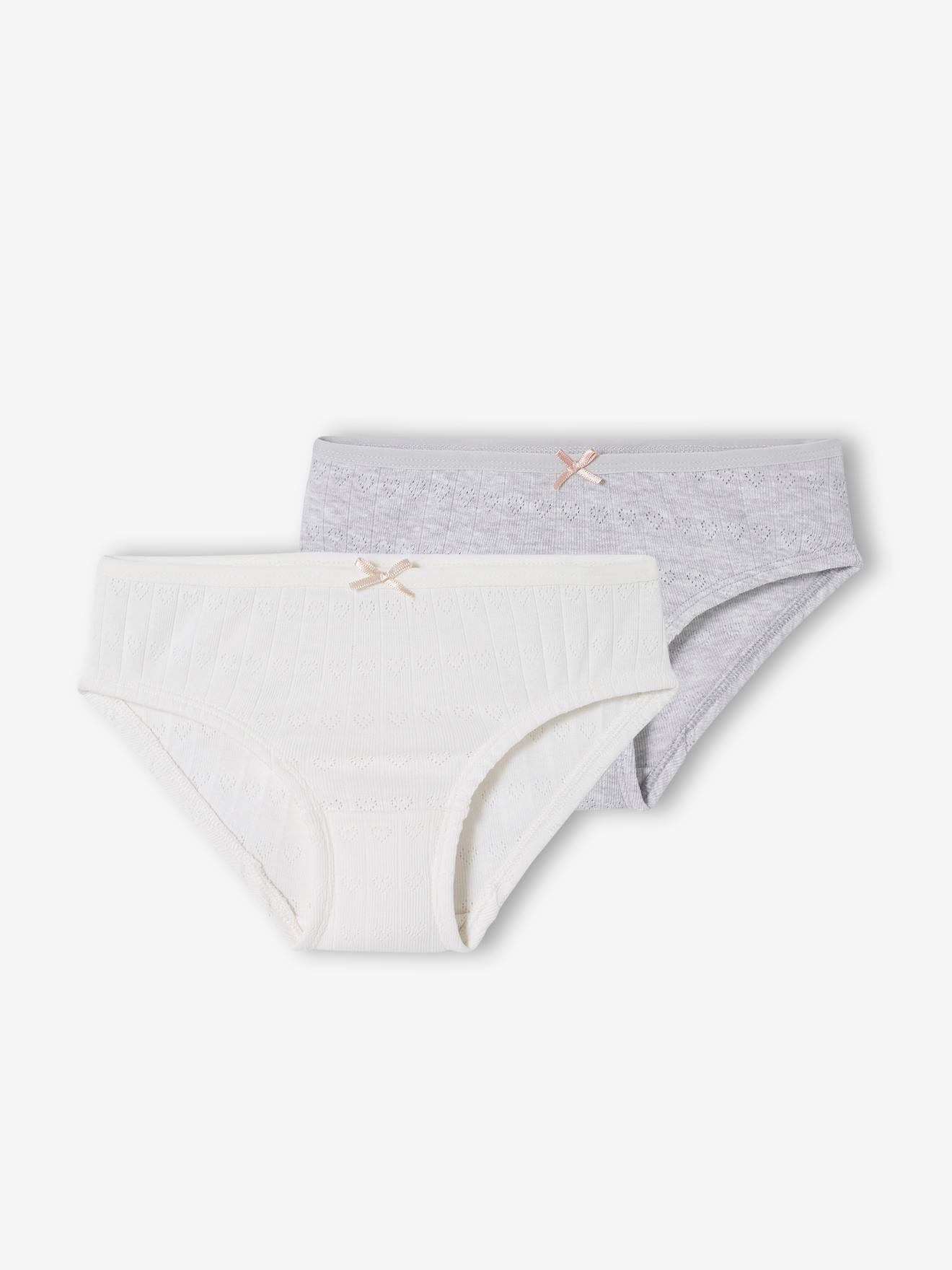 Conjunto de 2 calcinhas de malha vazada, lisas e brancas, para meninas.