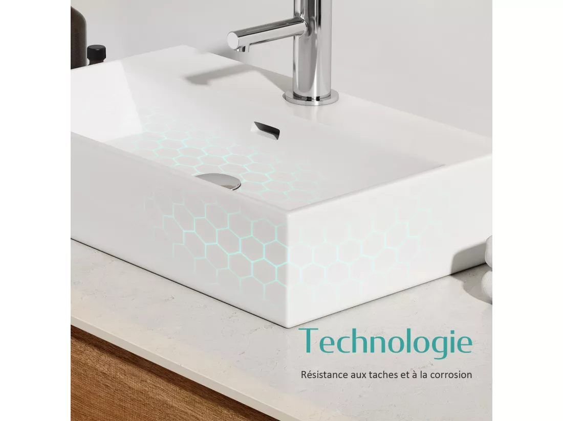 EMKE Vasque à Poser en céramique 51,5×36,5×13cm, Lavabo rectangulaire avec robinet trou prépercé, Lavabo à poser blanc brillant