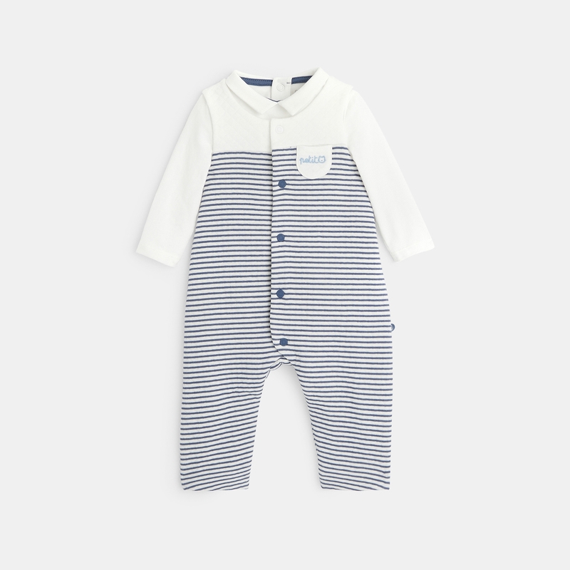 Salopette maille fantaisie et body col polo bleue naissance