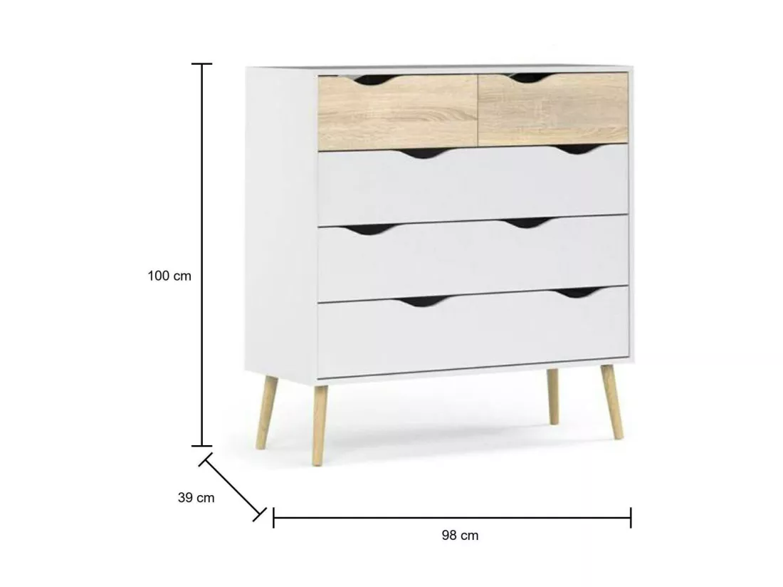 Commode à cinq tiroirs, blanc et chêne, Mesures 98 x 100 x 39 cm
