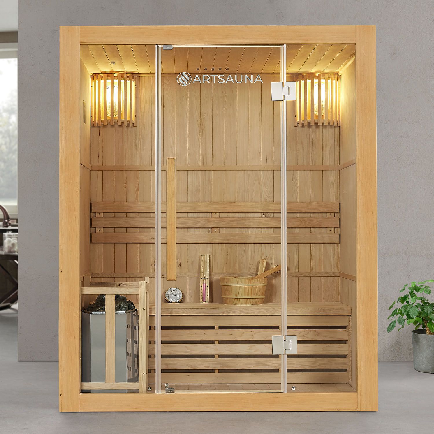 Artsauna Saunakabine Tampere mit Harvia Ofen – 2 Personen – Hemlock Holz & Glasfront – Inkl. Zubehör