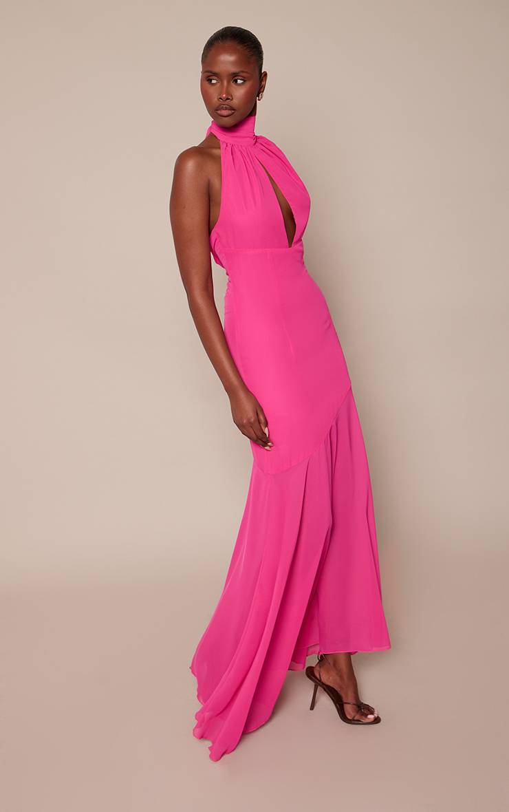 Fuchsia Robe Longue Cache-cœur En Mousseline Col Licou Taille Basse Asymétrique