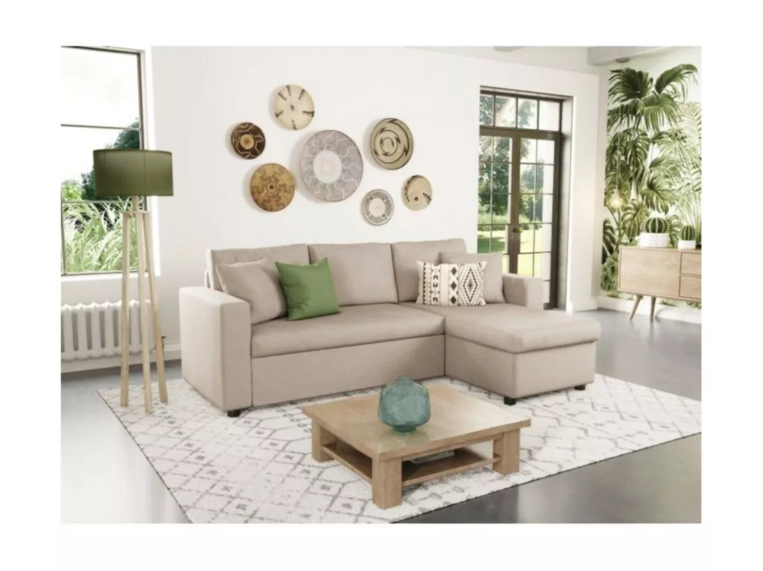 Canapé d'angle 3 places Maria réversible, convertible avec coffre en tissu - Beige - L227 x P146 x H81cm - Loungitude