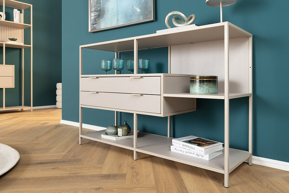 Modernes Bücherregal SLIM LINE 115cm champagner beige Metall mit Schubladen