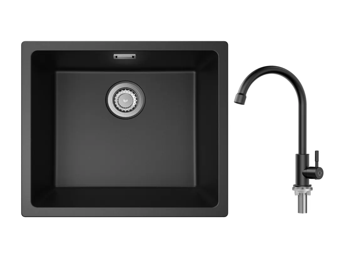 Evier 1 Bac en Quartz et Résine, 3 Options de Montage, 50*44*20cm + Robinet de Cuisine à eau Froide,Noir