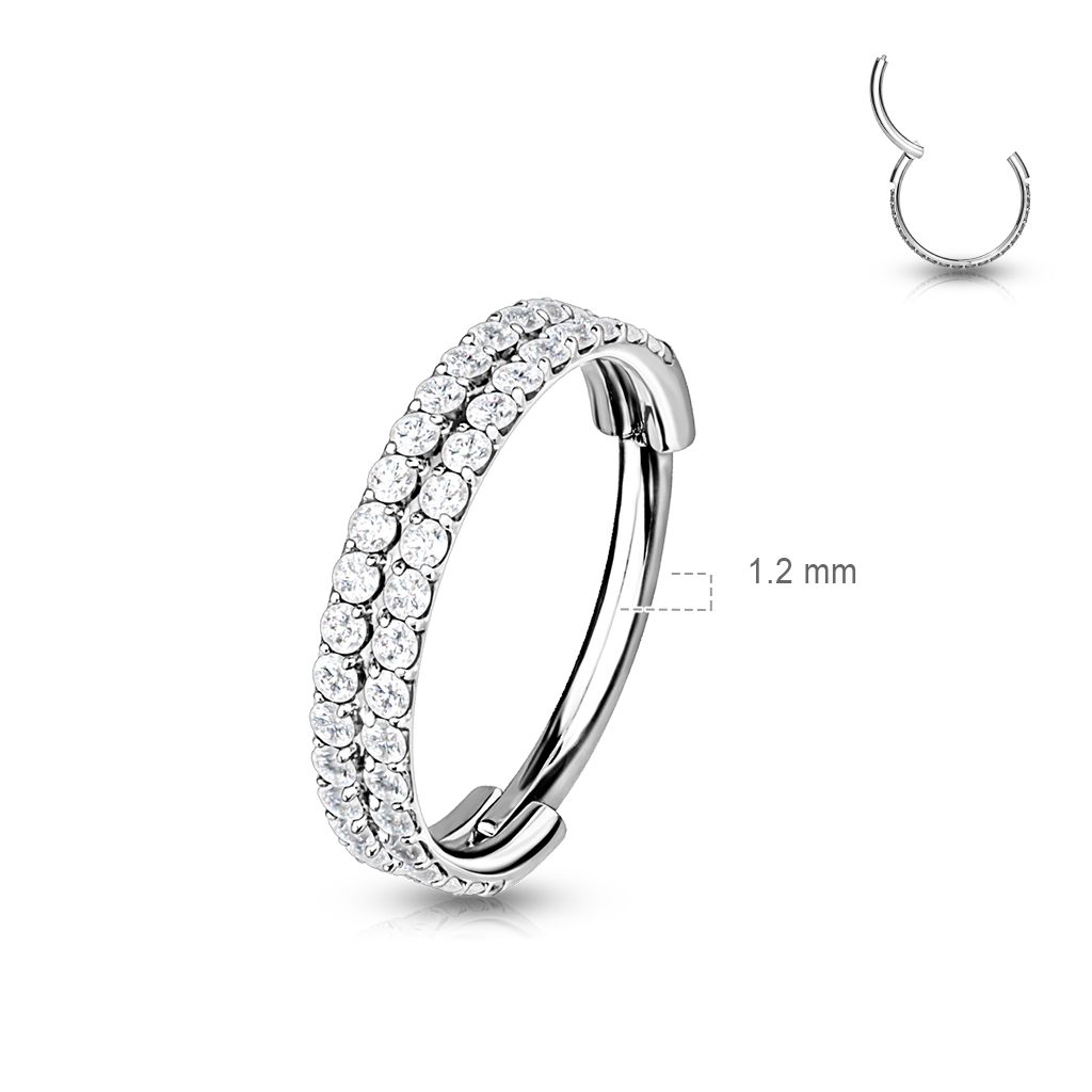 (8mm) Tragus / Helix / Conch G23 Titan Ohr Piercing Klickverschluss Zweireihiger Strass Ring - Silber