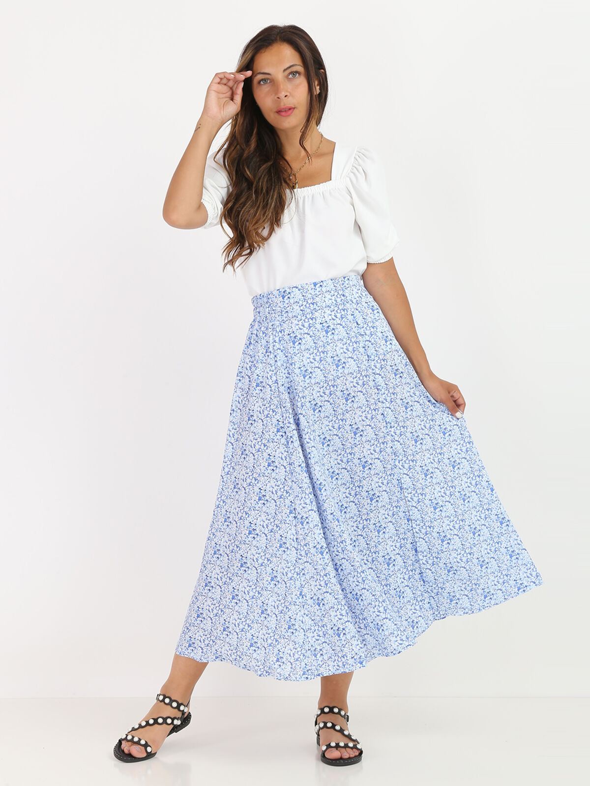 Jupe patineuse à fleurs avec fente- Bleu clair