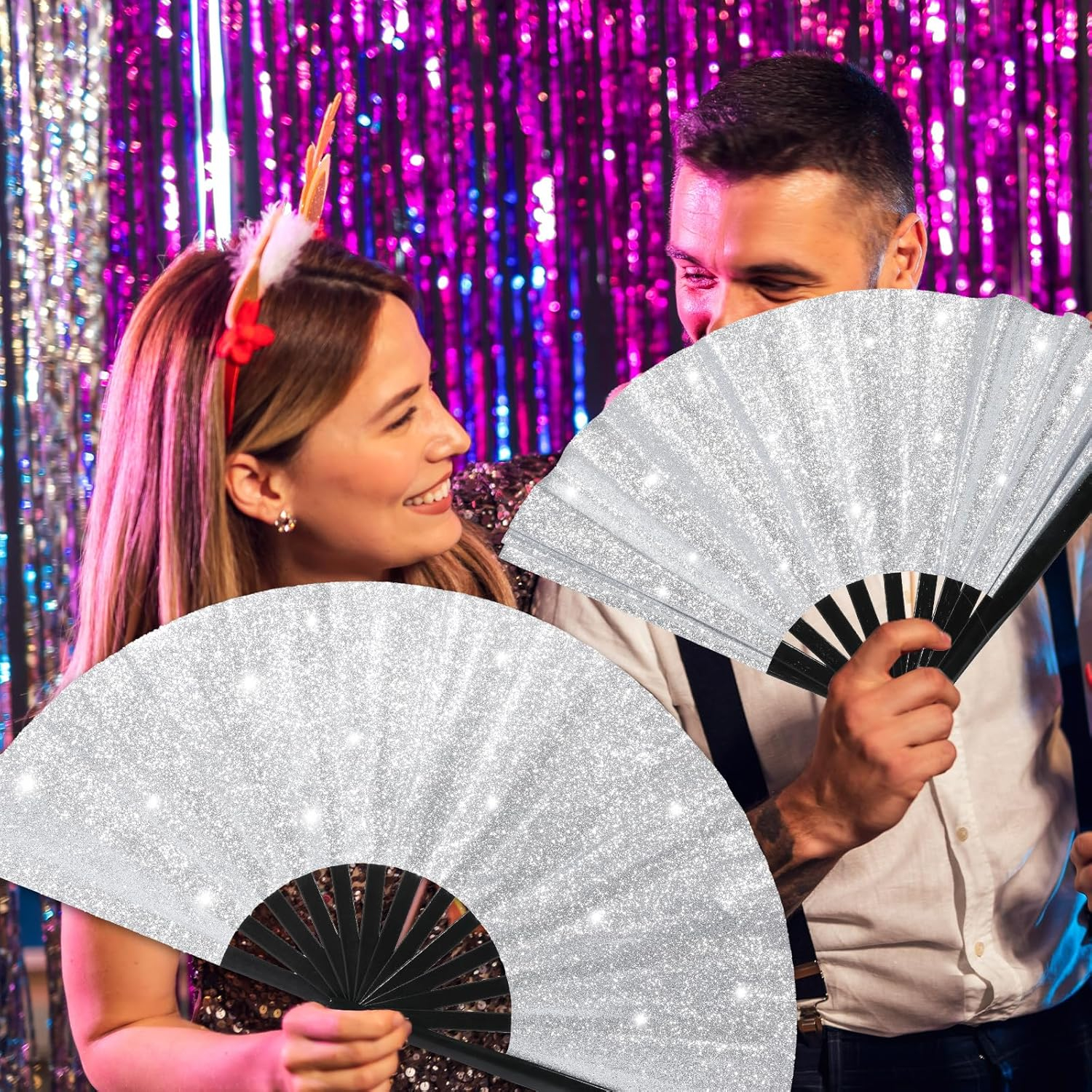 Bambus Fächer Faltbarer Glitzer Handfächer Sommer Fan - Silber