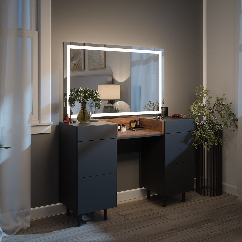 Vicco Schminktisch Anika 120 x 80 cm mit LED-Spiegel, Anthrazit-Walnussbraun, Schlafzimmer
