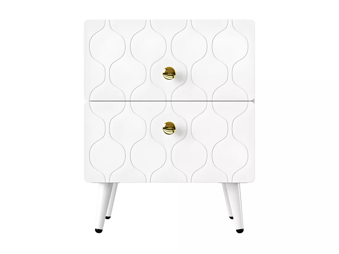 Lot de 2 Tables de chevet à motif ondulé - avec poignées dorées et 2 tiroirs - façades laquées - Blanc