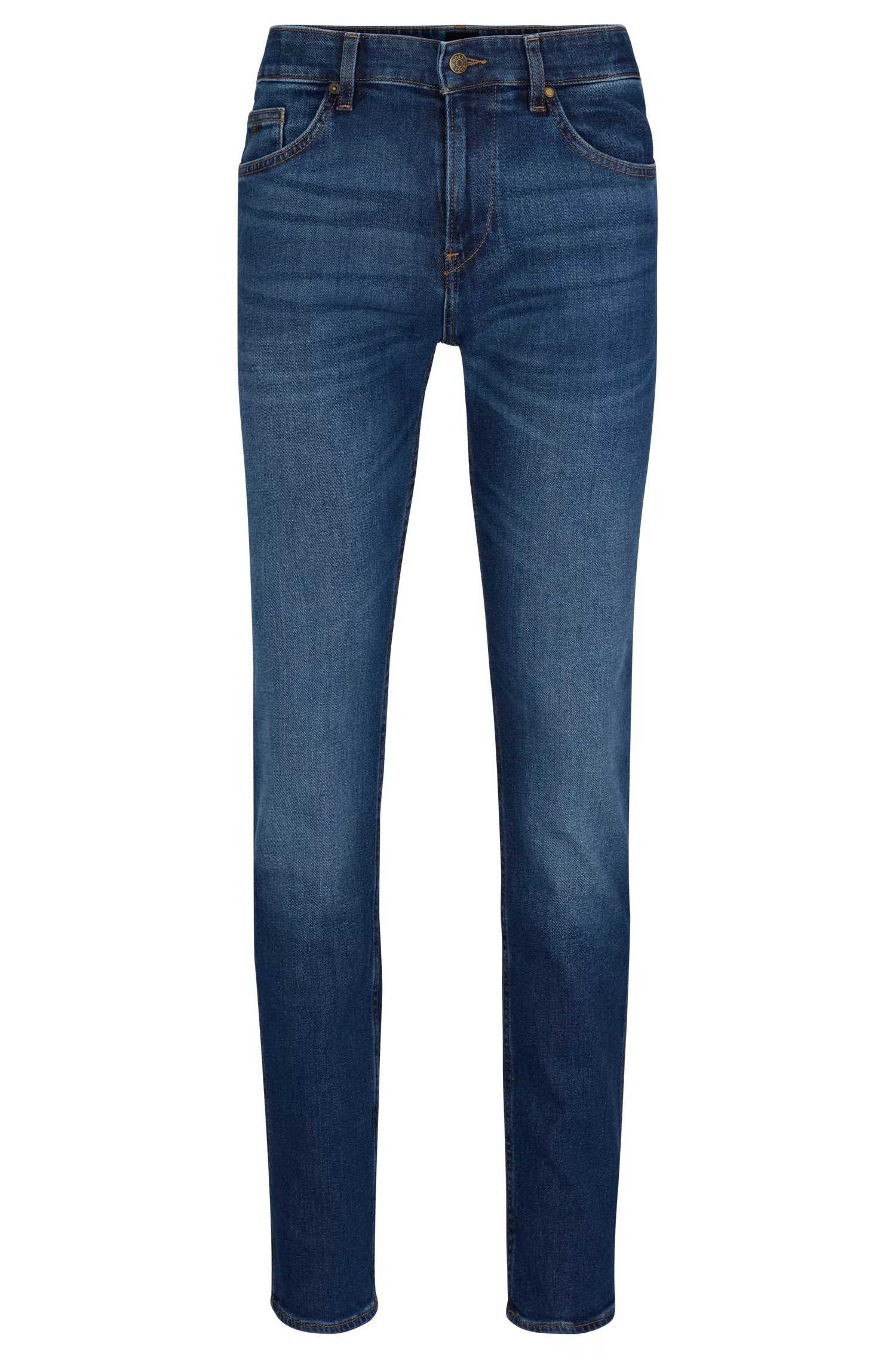 Calça jeans BOSS preta, corte slim, em denim azul com elasticidade confortável.